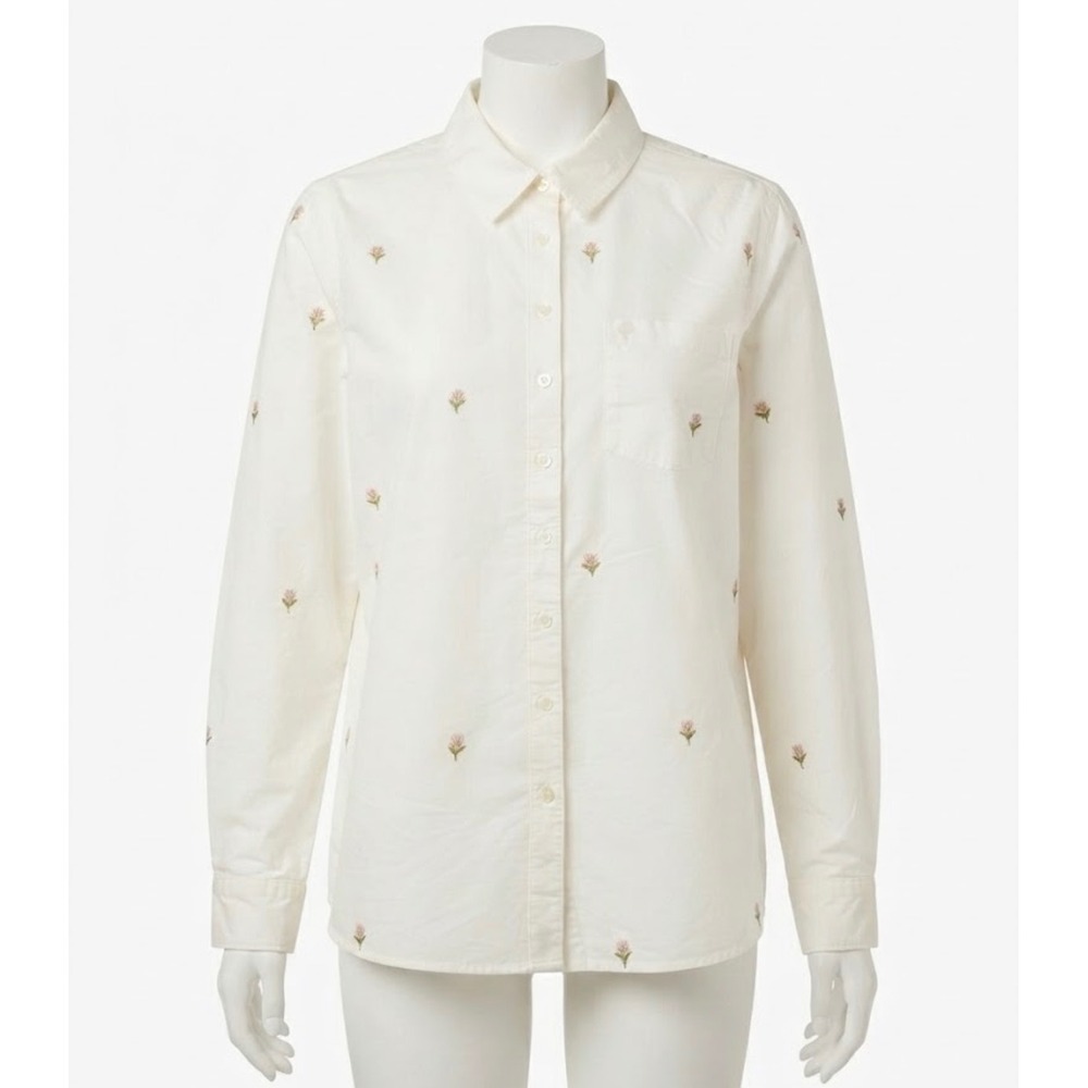 LANDS END White Floral Embroidered Long Sleeve Button Down Shirt Plus Size 2X